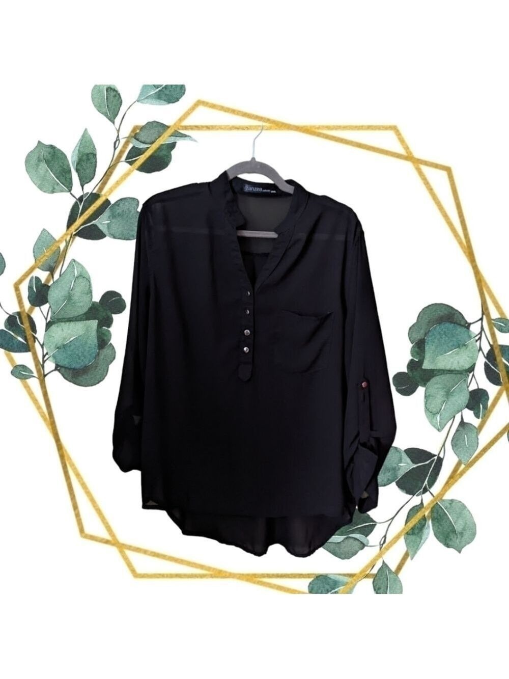 "xxxl" PTP 22.5 - Zanzea | Semi-sheer Black V-neck Henley 3/4 Sleeve Blouse